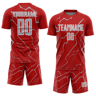 Custom Red Gray-White Lightning Sports Sublimation Soccer Uniform Jersey