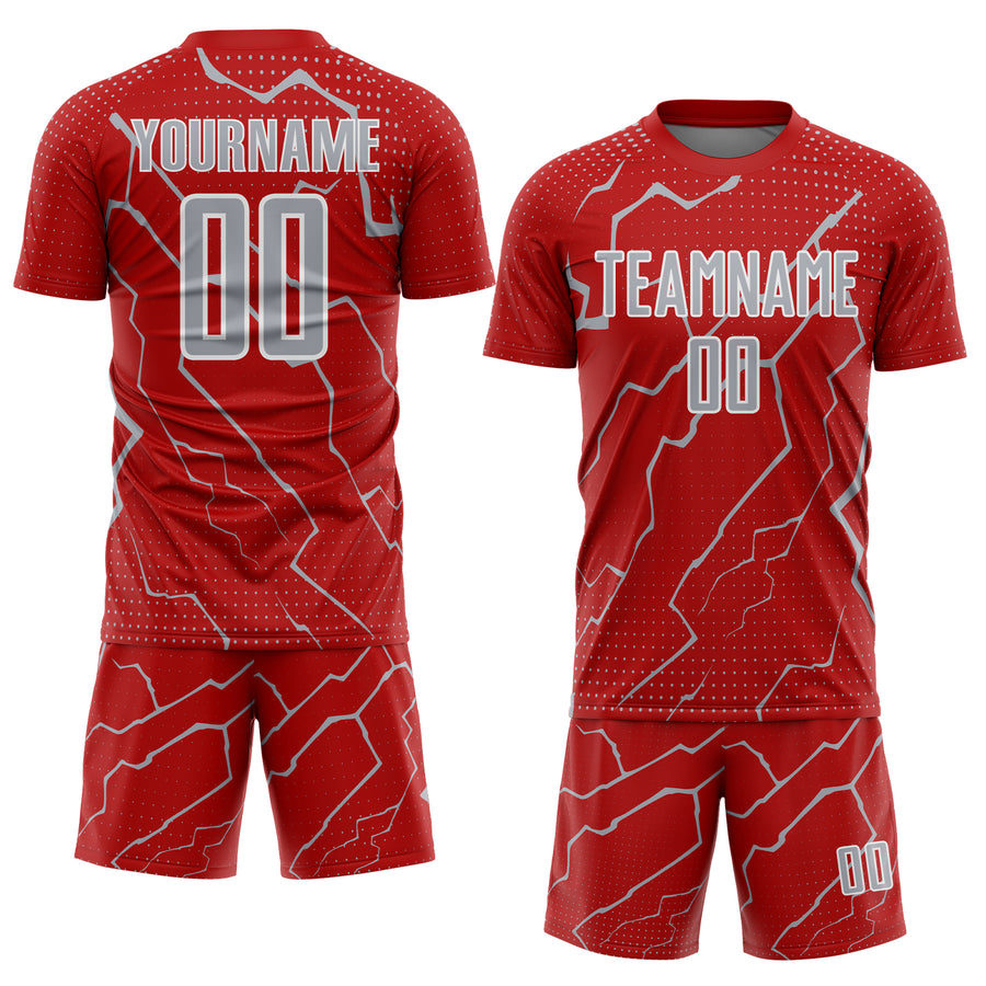 Custom Red Gray-White Lightning Sports Sublimation Soccer Uniform Jersey