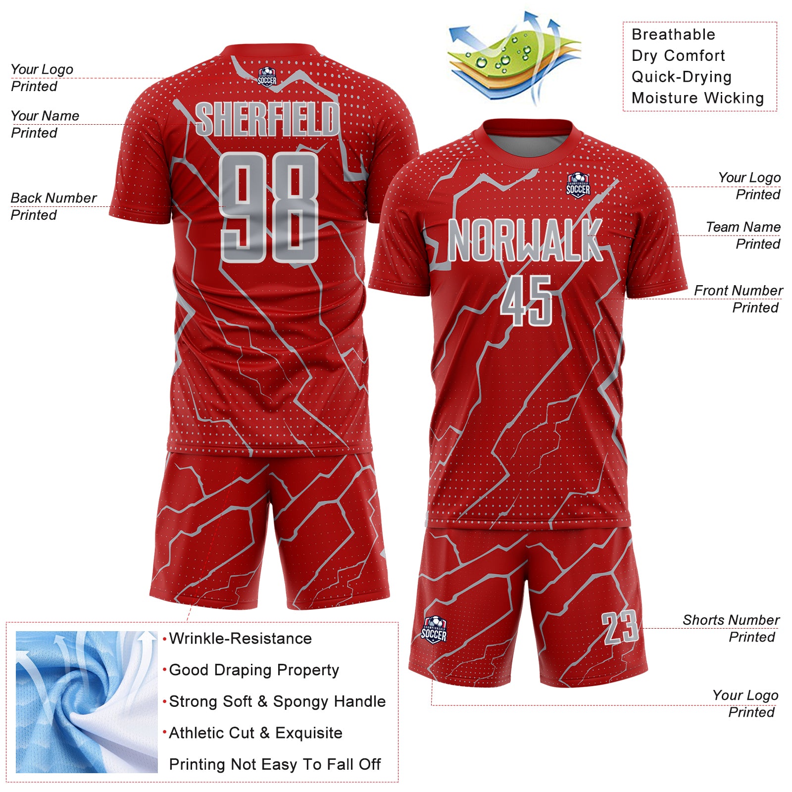 Custom Red Gray-White Lightning Sports Sublimation Soccer Uniform Jersey