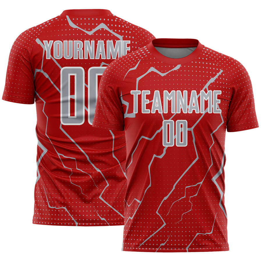 Custom Red Gray-White Lightning Sports Sublimation Soccer Uniform Jersey