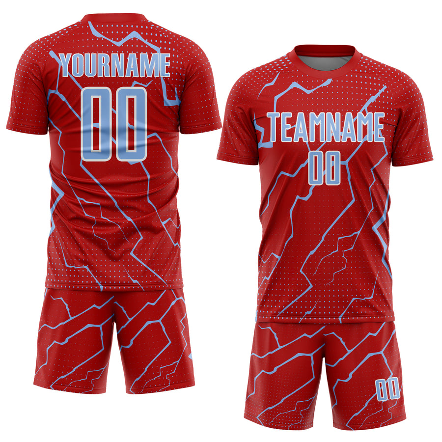 Custom Red Light Blue-White Lightning Sports Sublimation Soccer Uniform Jersey