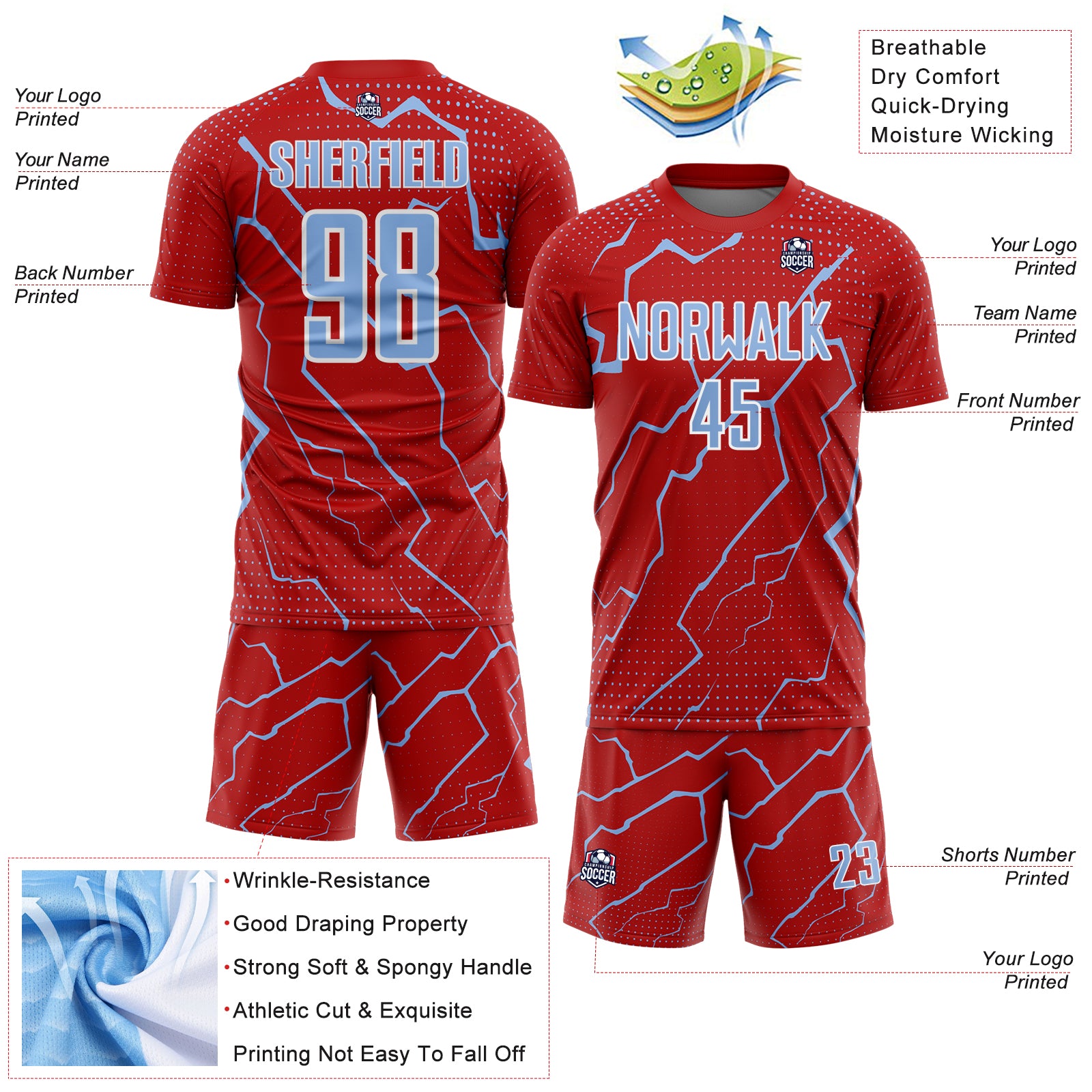 Custom Red Light Blue-White Lightning Sports Sublimation Soccer Uniform Jersey