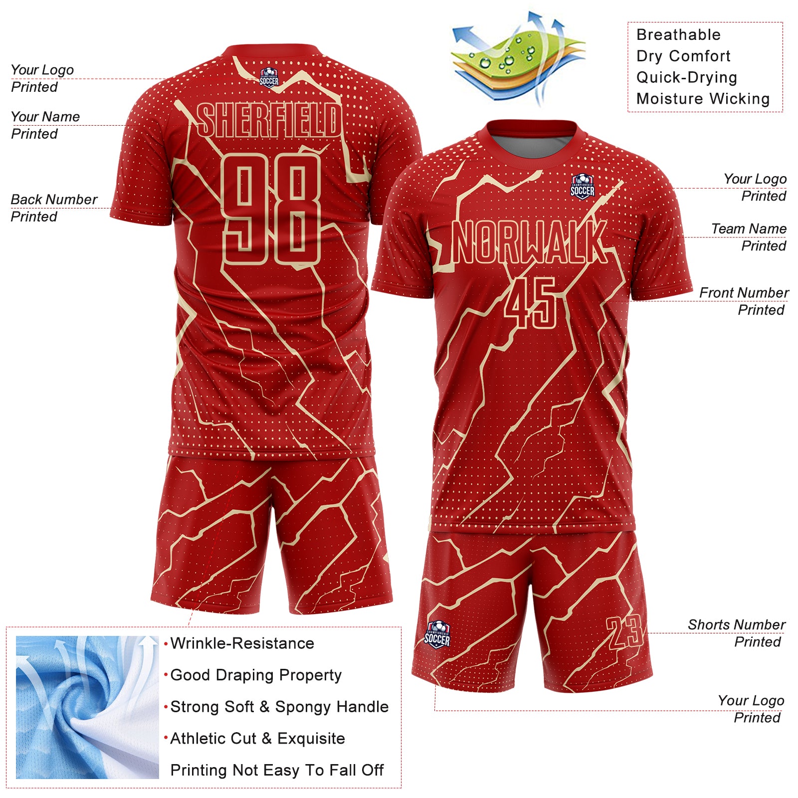 Custom Red Cream Lightning Sports Sublimation Soccer Uniform Jersey