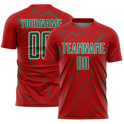Custom Red Kelly Green-White Lightning Sports Sublimation Soccer Uniform Jersey
