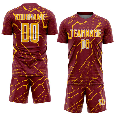 Custom Crimson Gold-White Lightning Sports Sublimation Soccer Uniform Jersey