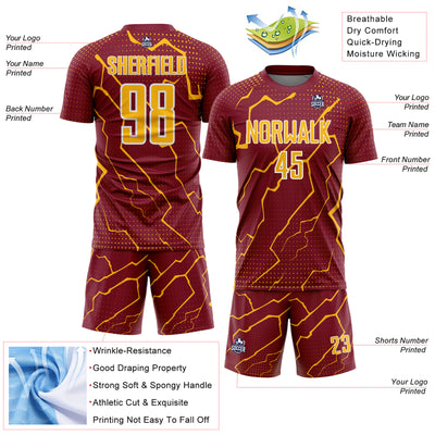 Custom Crimson Gold-White Lightning Sports Sublimation Soccer Uniform Jersey