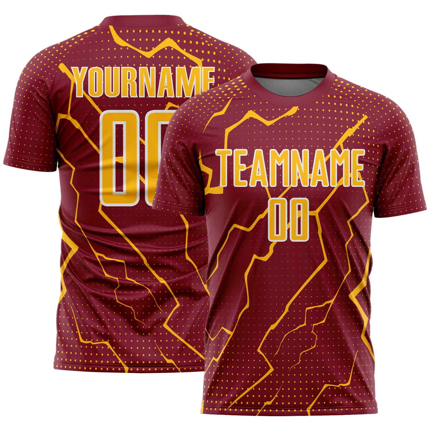 Custom Crimson Gold-White Lightning Sports Sublimation Soccer Uniform Jersey