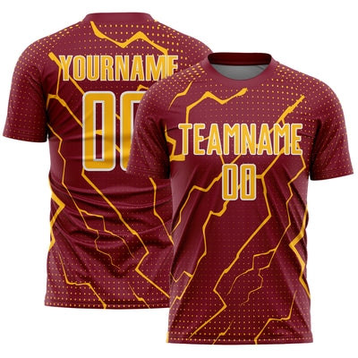 Custom Crimson Gold-White Lightning Sports Sublimation Soccer Uniform Jersey