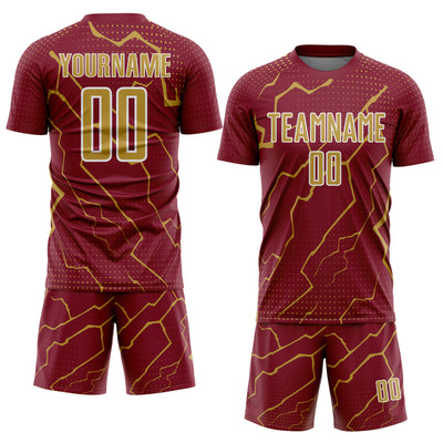 Custom Crimson Old Gold-White Lightning Sports Sublimation Soccer Uniform Jersey