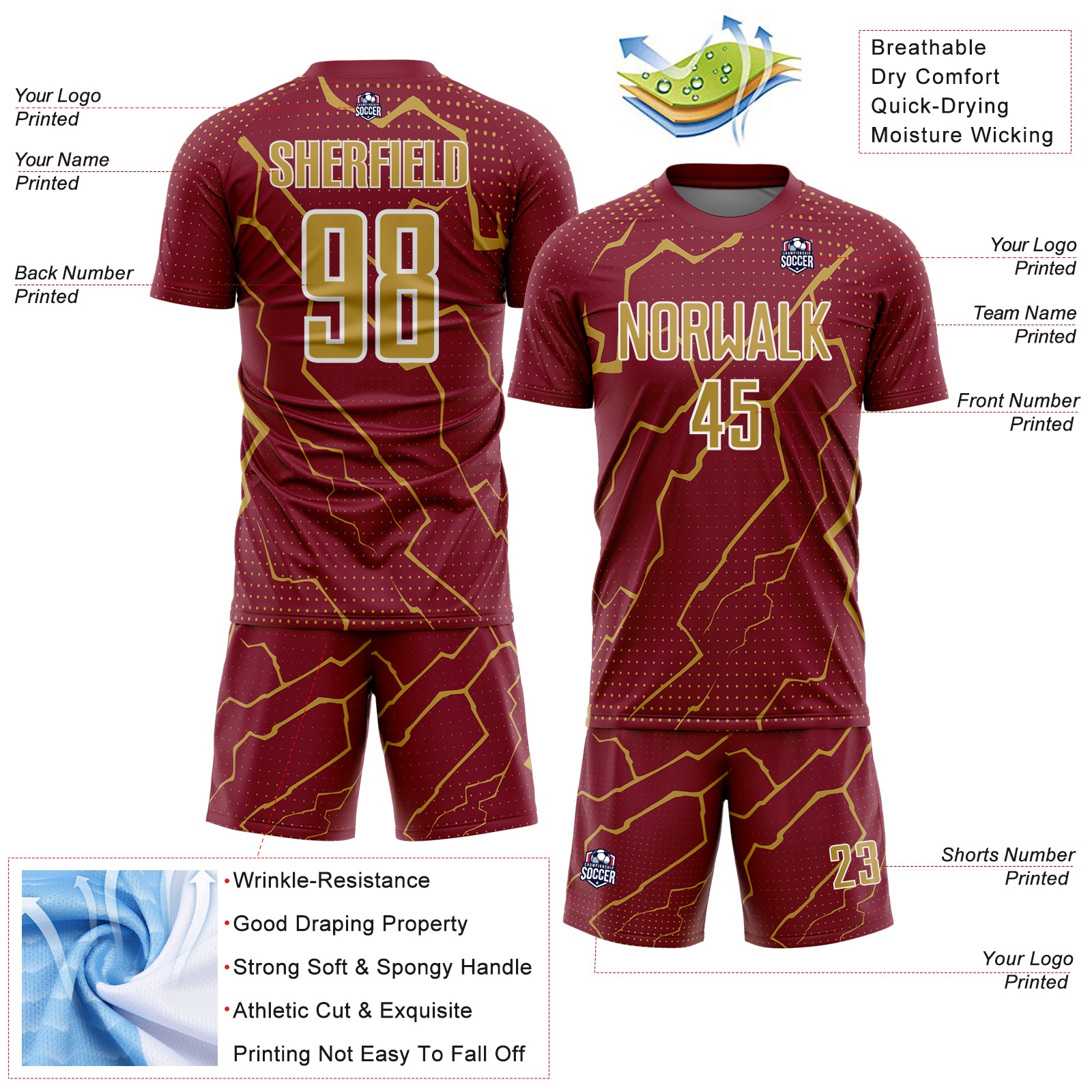 Custom Crimson Old Gold-White Lightning Sports Sublimation Soccer Uniform Jersey