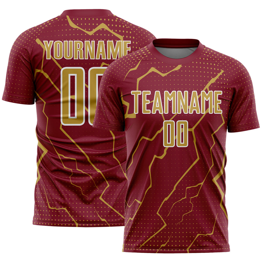Custom Crimson Old Gold-White Lightning Sports Sublimation Soccer Uniform Jersey