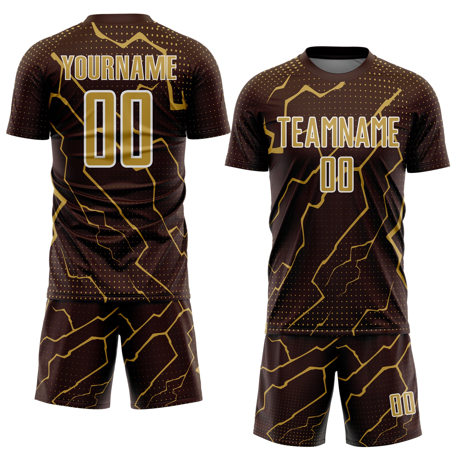 Custom Brown Old Gold-White Lightning Sports Sublimation Soccer Uniform Jersey