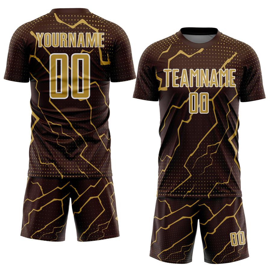 Custom Brown Old Gold-White Lightning Sports Sublimation Soccer Uniform Jersey