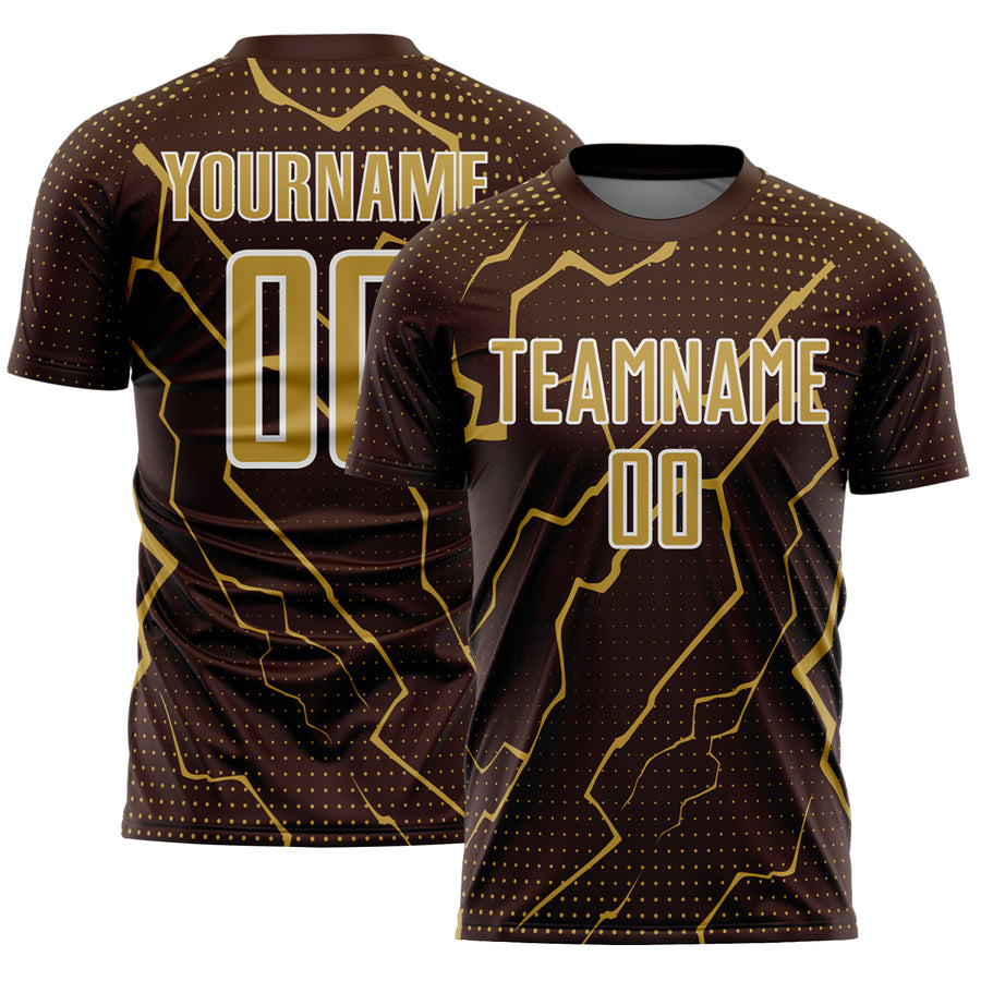 Custom Brown Old Gold-White Lightning Sports Sublimation Soccer Uniform Jersey