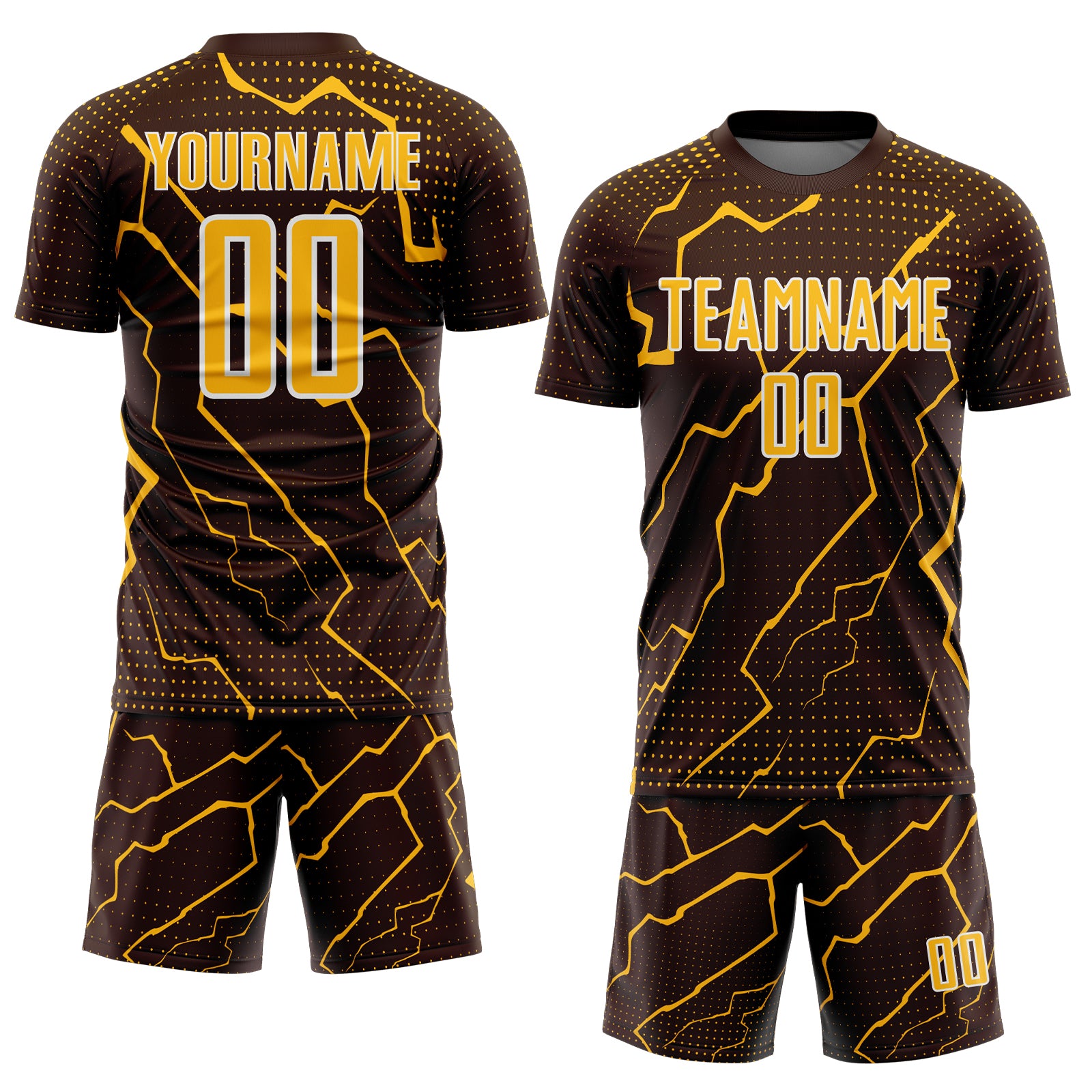 Custom Brown Gold-White Lightning Sports Sublimation Soccer Uniform Jersey