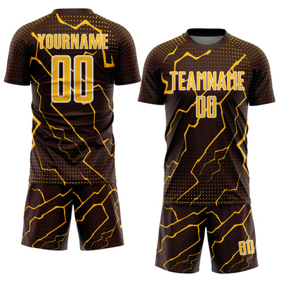 Custom Brown Gold-White Lightning Sports Sublimation Soccer Uniform Jersey