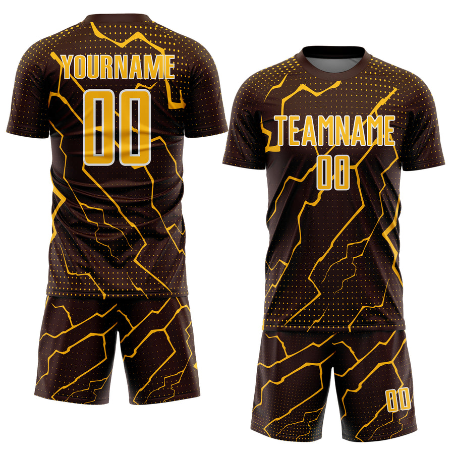 Custom Brown Gold-White Lightning Sports Sublimation Soccer Uniform Jersey
