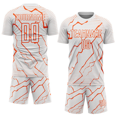 Custom White Orange Lightning Sports Sublimation Soccer Uniform Jersey