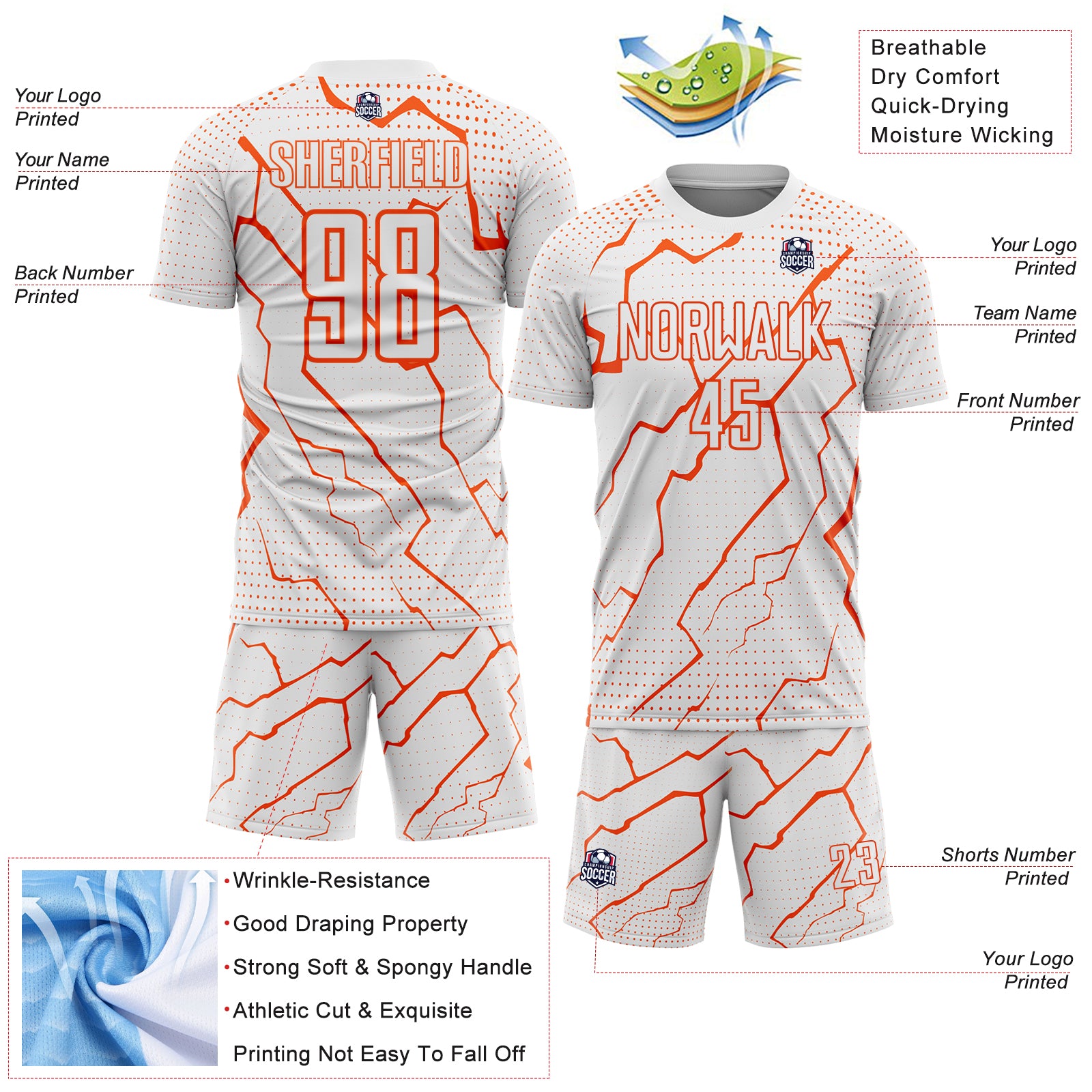 Custom White Orange Lightning Sports Sublimation Soccer Uniform Jersey