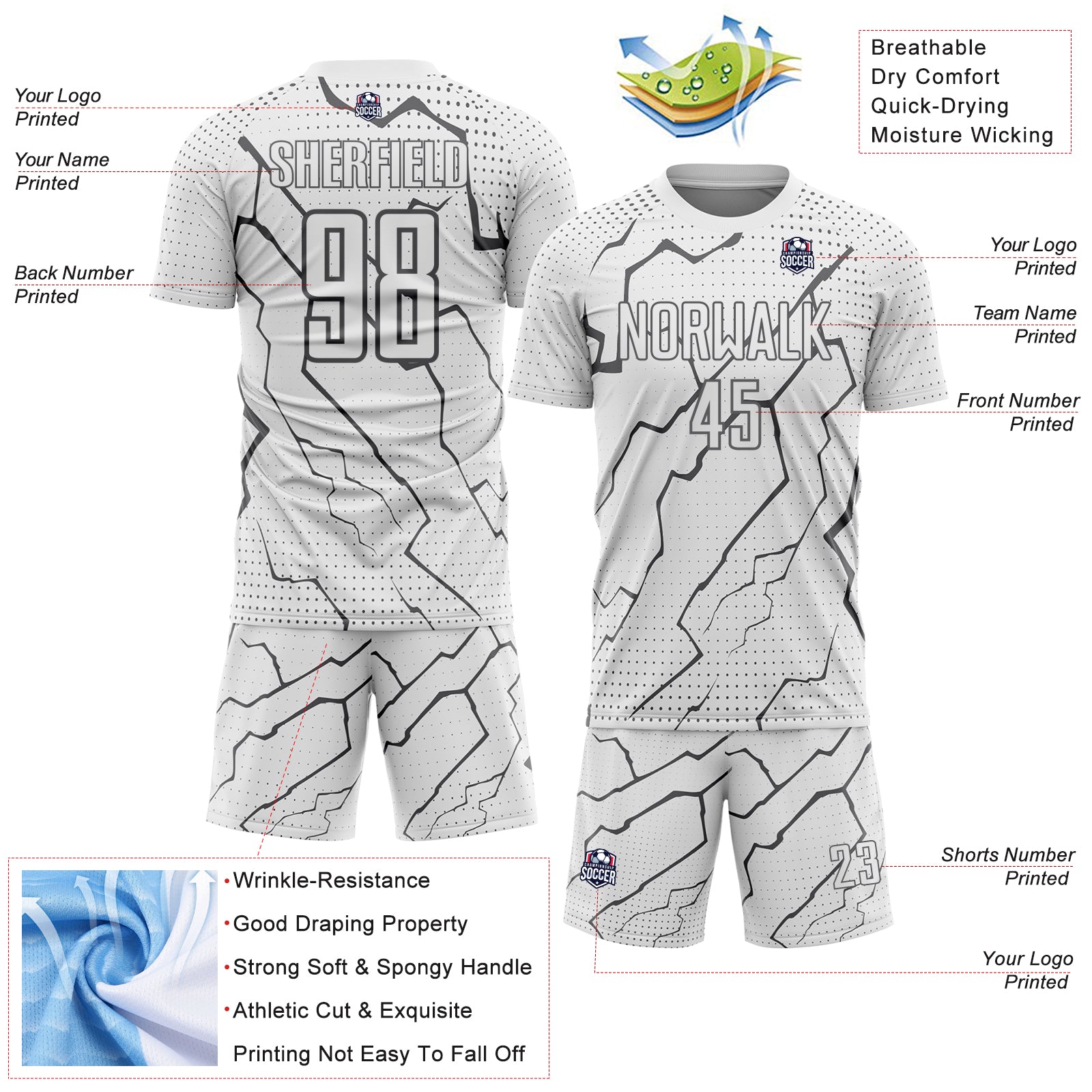 Custom White Steel Gray Lightning Sports Sublimation Soccer Uniform Jersey