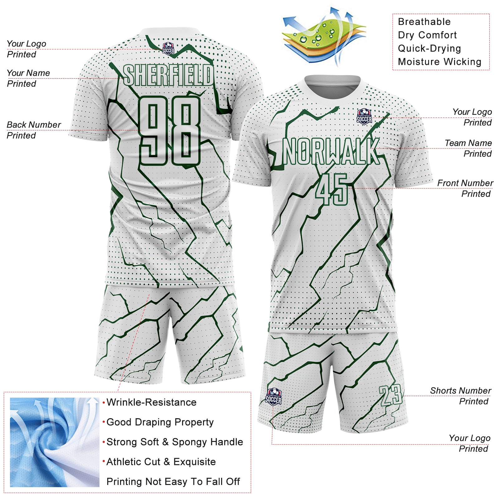 Custom White Green Lightning Sports Sublimation Soccer Uniform Jersey