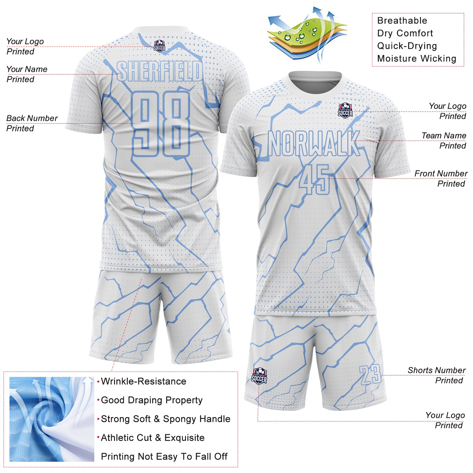 Custom White Light Blue Lightning Sports Sublimation Soccer Uniform Jersey