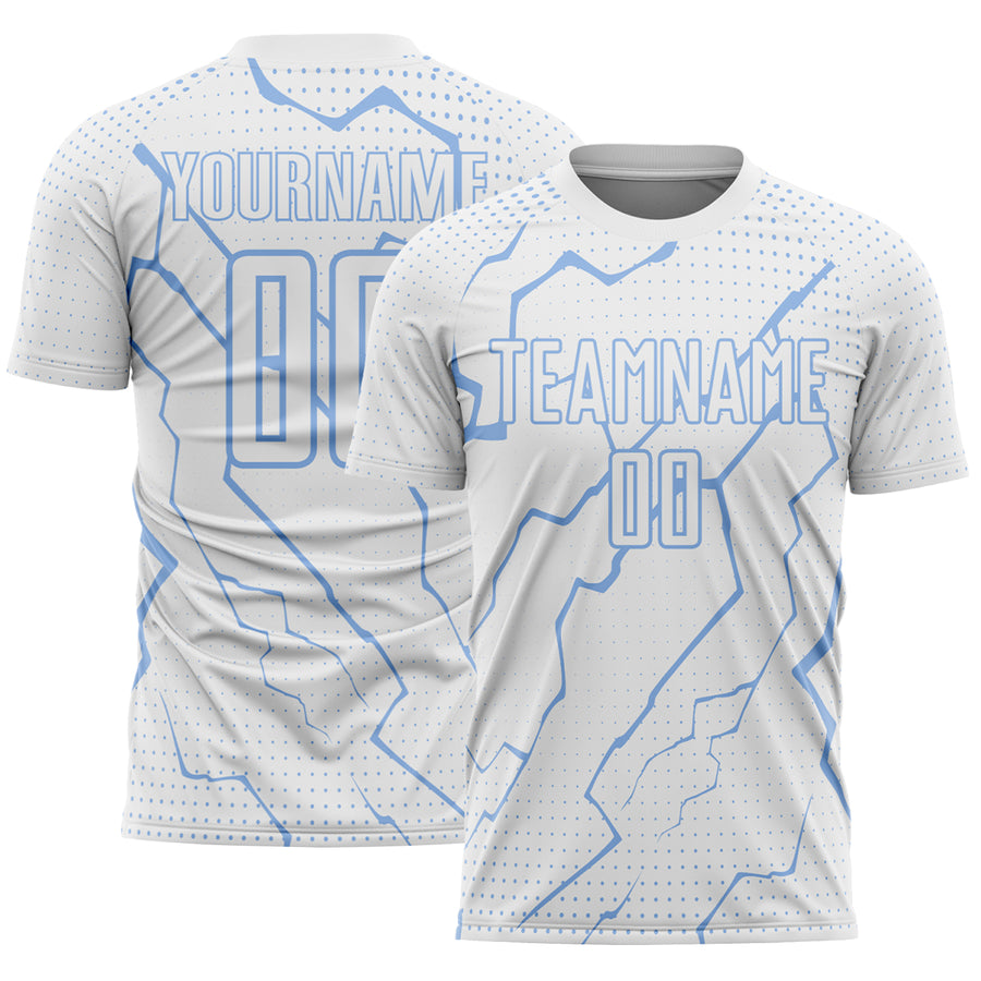 Custom White Light Blue Lightning Sports Sublimation Soccer Uniform Jersey