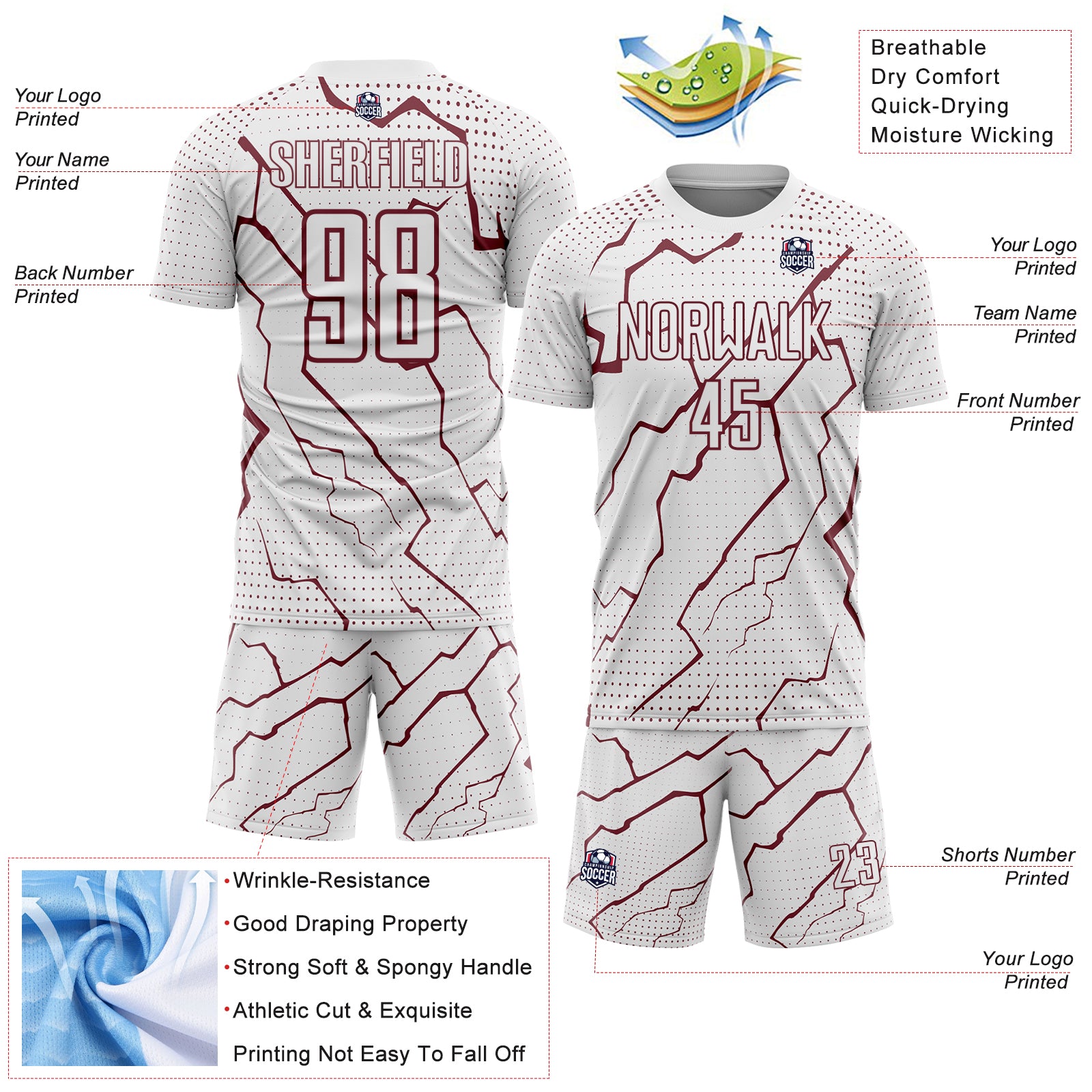 Custom White Burgundy Lightning Sports Sublimation Soccer Uniform Jersey