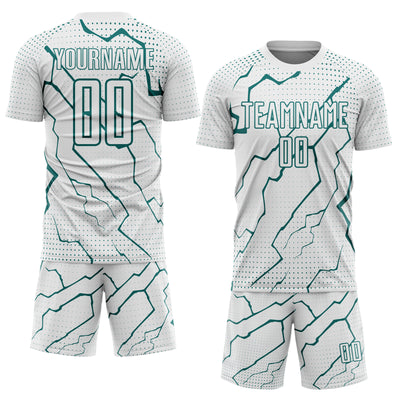 Custom White Teal Lightning Sports Sublimation Soccer Uniform Jersey
