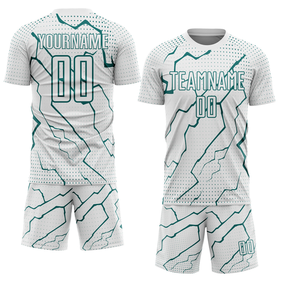 Custom White Teal Lightning Sports Sublimation Soccer Uniform Jersey