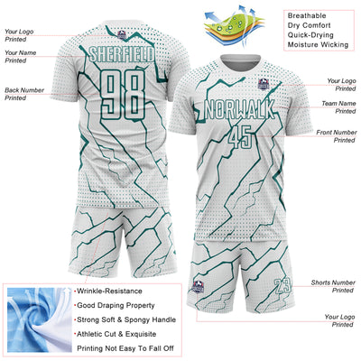 Custom White Teal Lightning Sports Sublimation Soccer Uniform Jersey