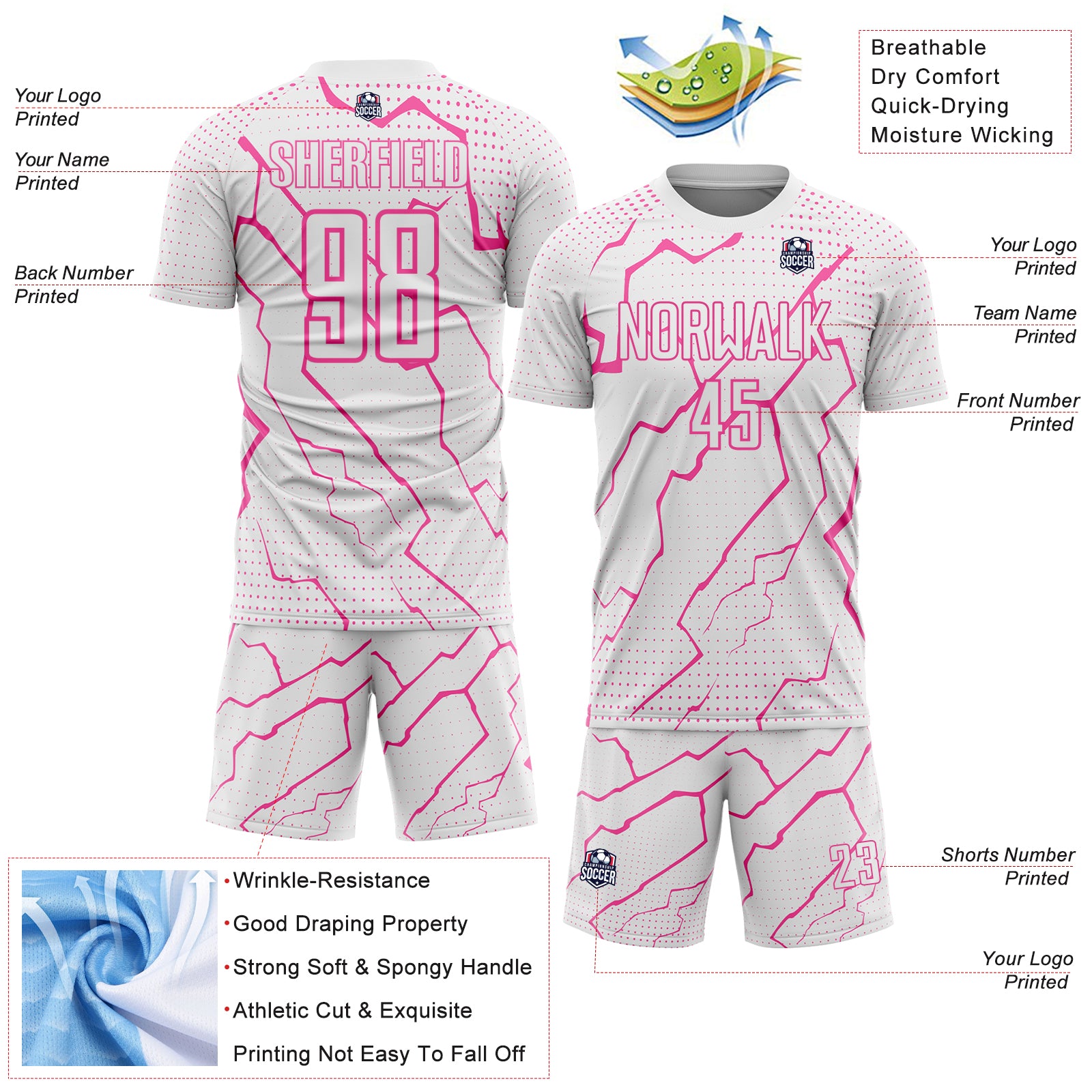 Custom White Pink Lightning Sports Sublimation Soccer Uniform Jersey