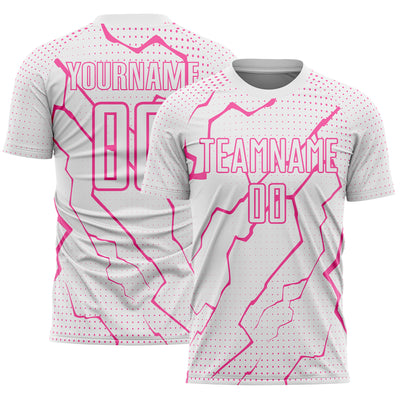 Custom White Pink Lightning Sports Sublimation Soccer Uniform Jersey