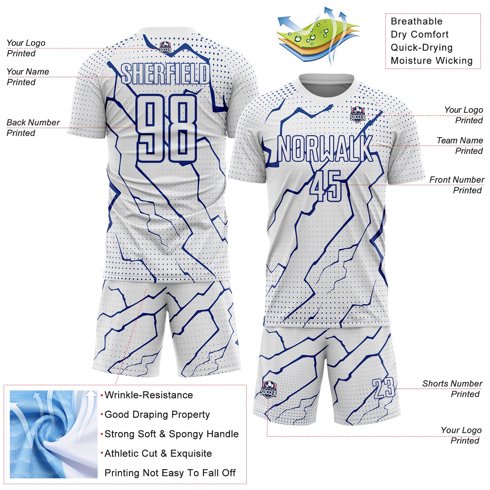 Custom White Royal Lightning Sports Sublimation Soccer Uniform Jersey