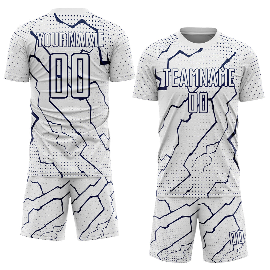 Custom White Navy Lightning Sports Sublimation Soccer Uniform Jersey