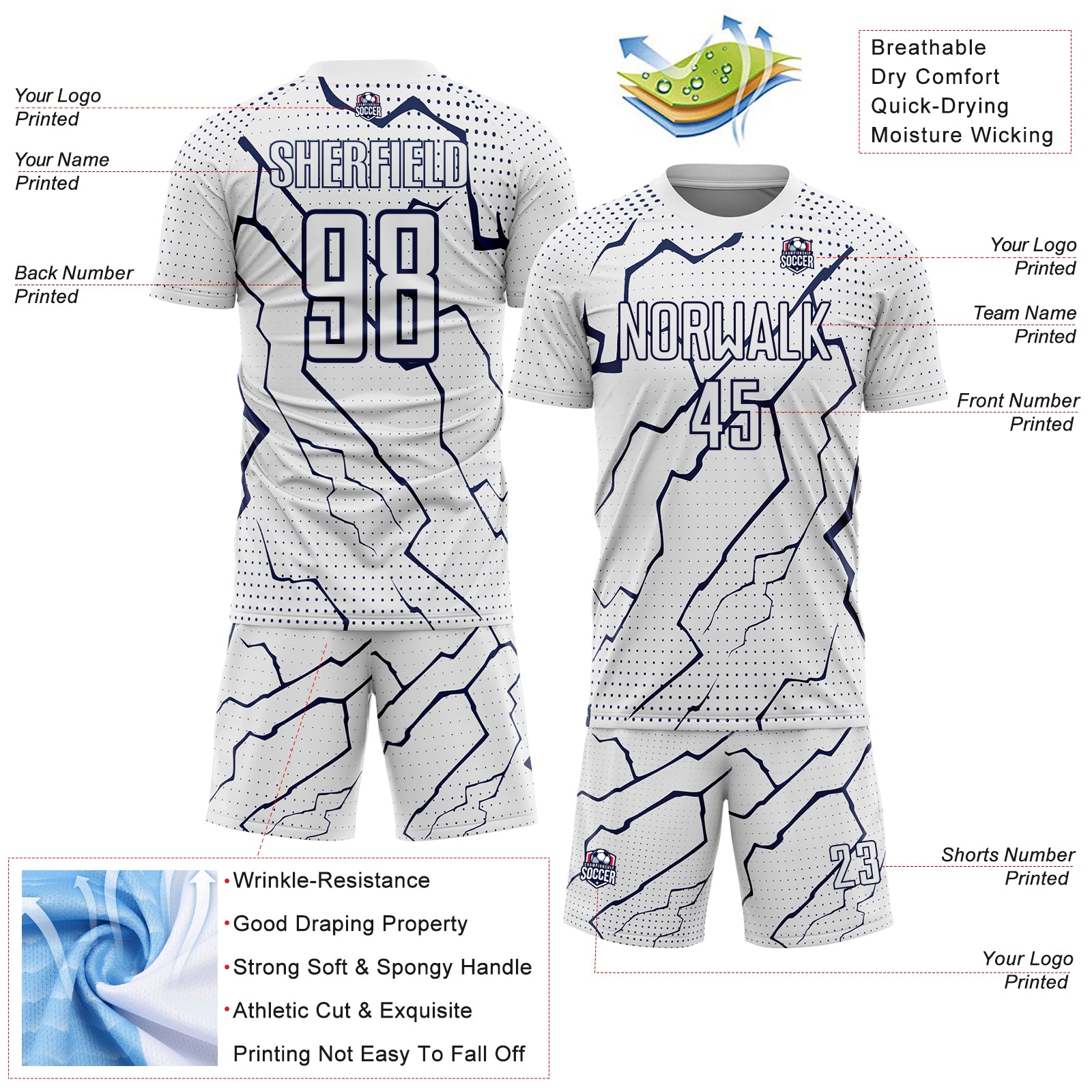 Custom White Navy Lightning Sports Sublimation Soccer Uniform Jersey