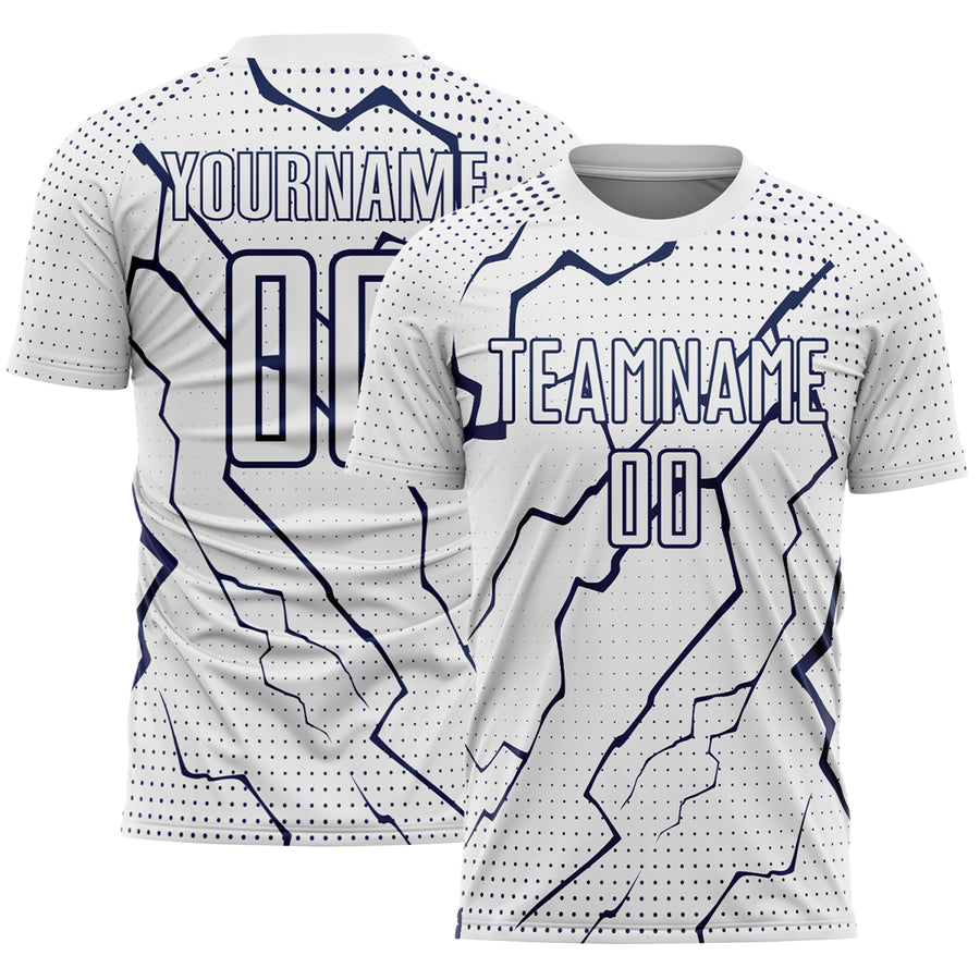 Custom White Navy Lightning Sports Sublimation Soccer Uniform Jersey