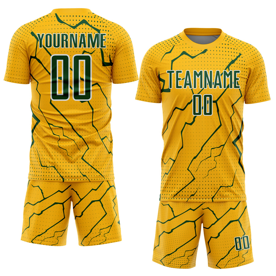 Custom Gold Green-White Lightning Sports Sublimation Soccer Uniform Jersey