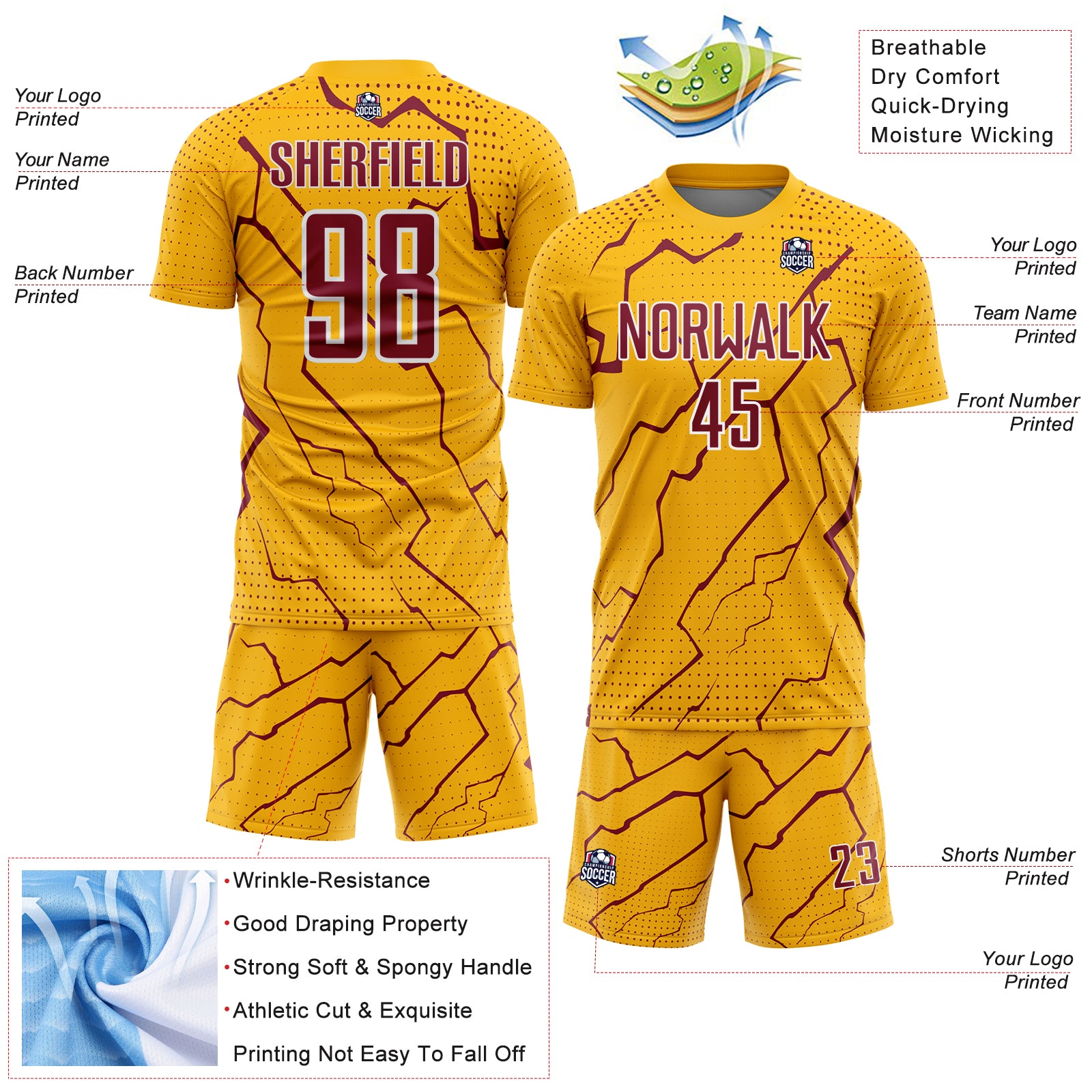 Custom Gold Crimson-White Lightning Sports Sublimation Soccer Uniform Jersey