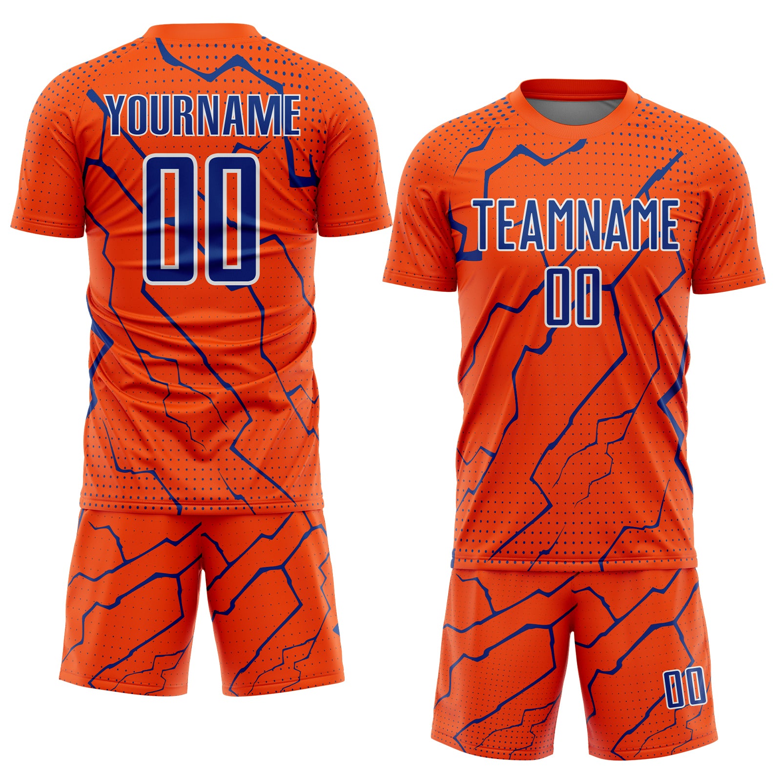 Custom Orange Royal-White Lightning Sports Sublimation Soccer Uniform Jersey
