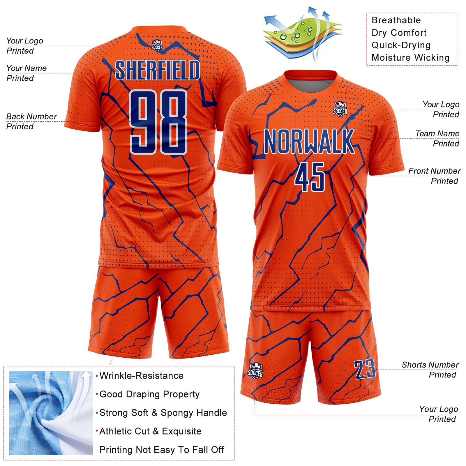 Custom Orange Royal-White Lightning Sports Sublimation Soccer Uniform Jersey
