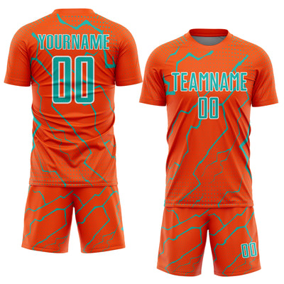 Custom Orange Aqua-White Lightning Sports Sublimation Soccer Uniform Jersey