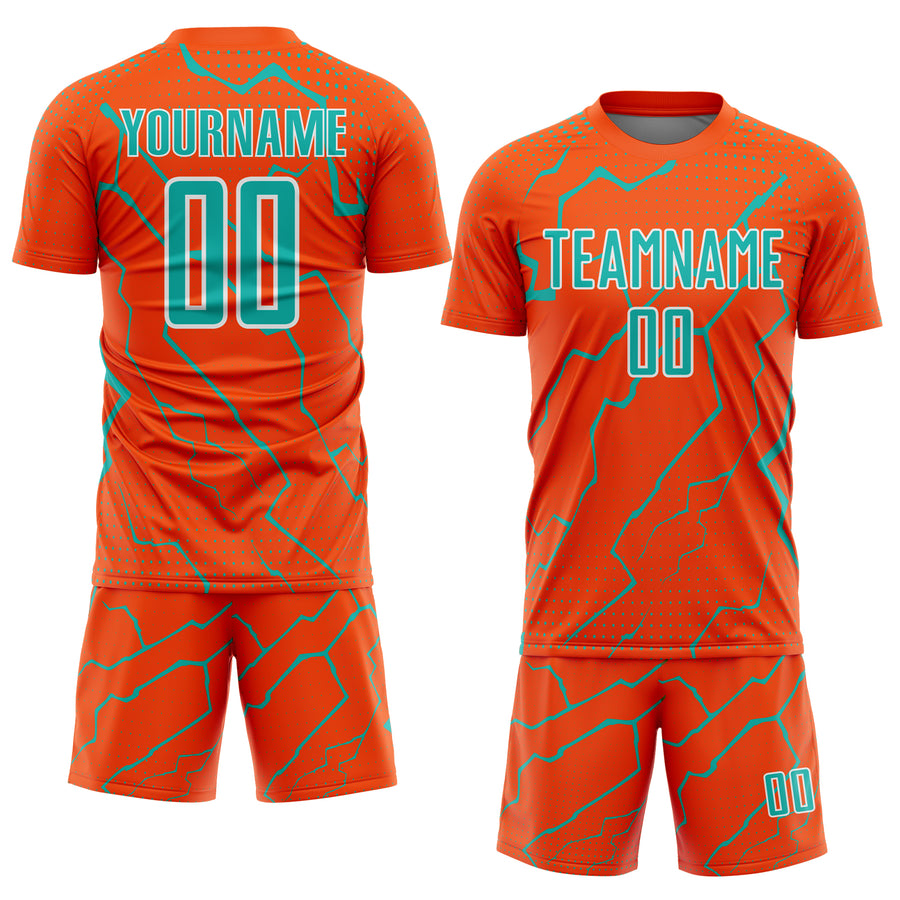 Custom Orange Aqua-White Lightning Sports Sublimation Soccer Uniform Jersey