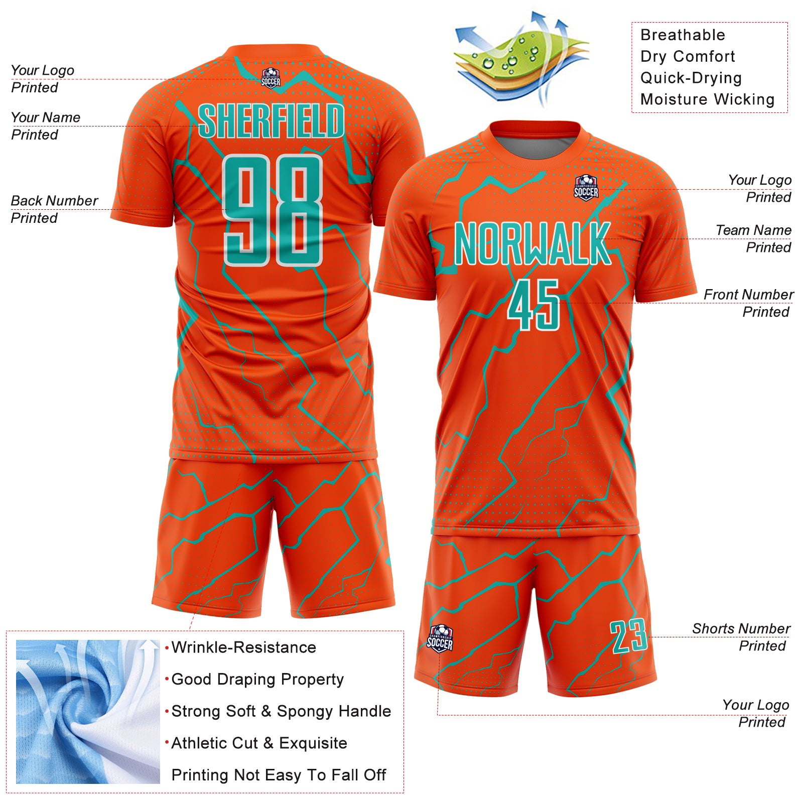 Custom Orange Aqua-White Lightning Sports Sublimation Soccer Uniform Jersey