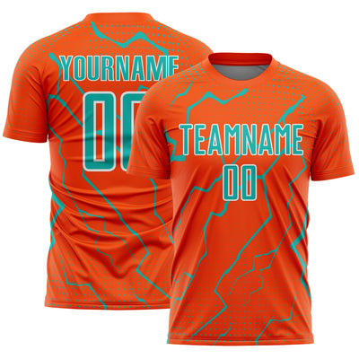 Custom Orange Aqua-White Lightning Sports Sublimation Soccer Uniform Jersey