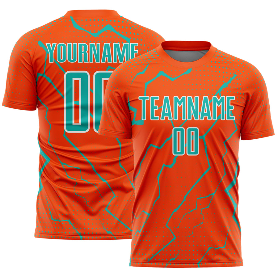 Custom Orange Aqua-White Lightning Sports Sublimation Soccer Uniform Jersey