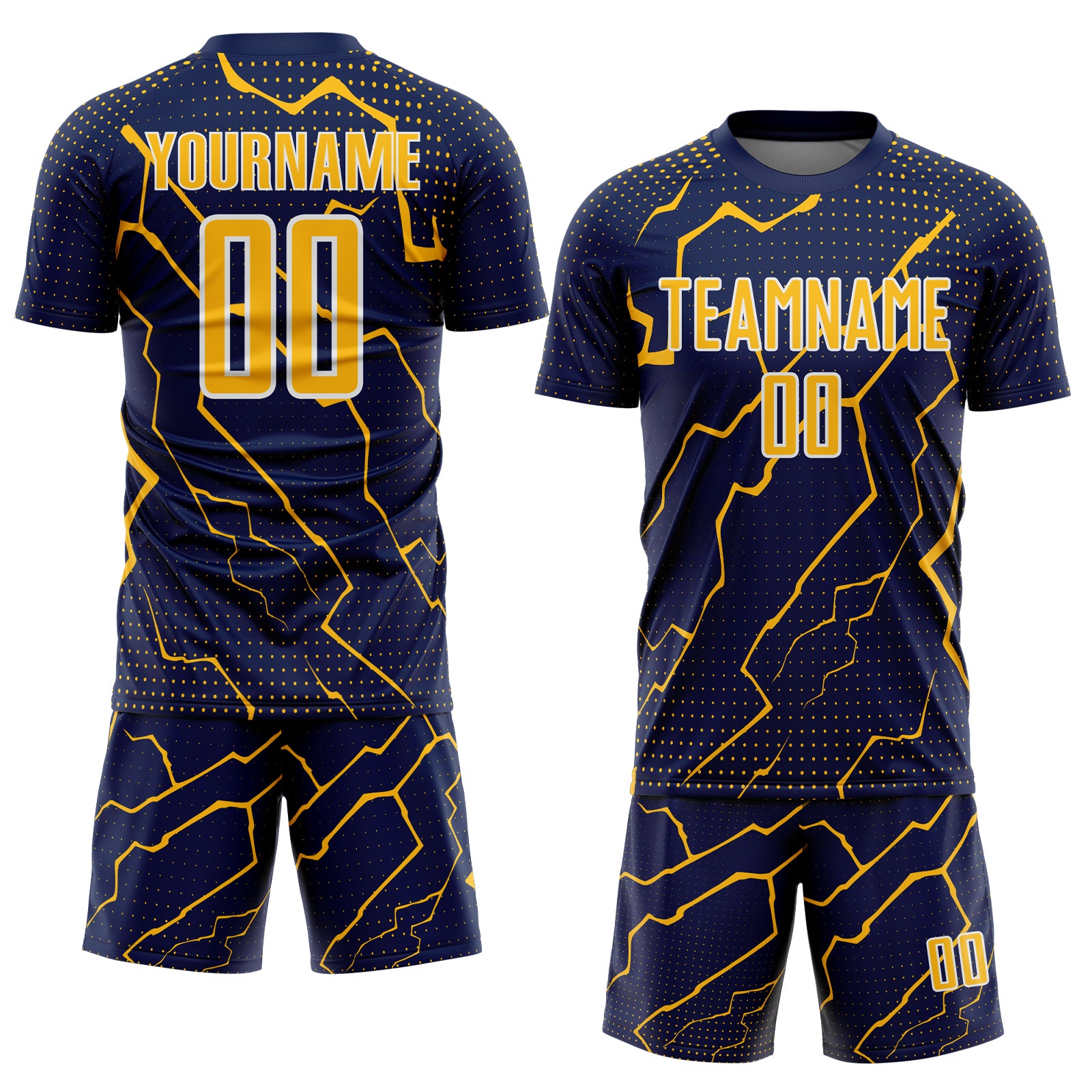 Custom Navy Gold-White Lightning Sports Sublimation Soccer Uniform Jersey