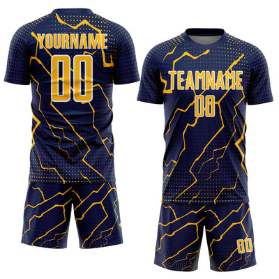Custom Navy Gold-White Lightning Sports Sublimation Soccer Uniform Jersey