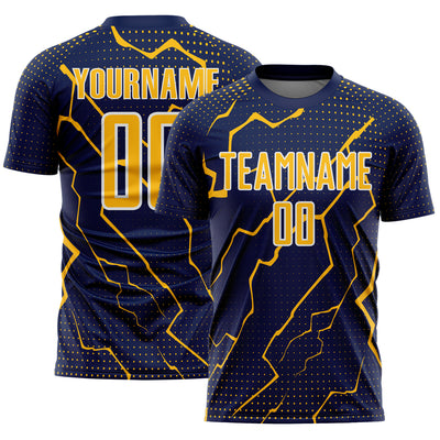 Custom Navy Gold-White Lightning Sports Sublimation Soccer Uniform Jersey