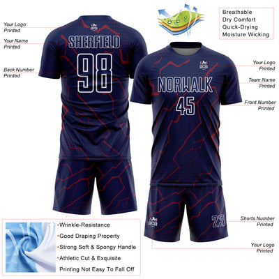 Custom Navy Crimson-White Lightning Sports Sublimation Soccer Uniform Jersey